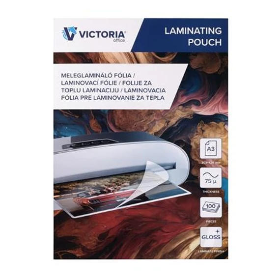 Meleglamináló fólia, 75 mikron, A3, fényes, VICTORIA OFFICE