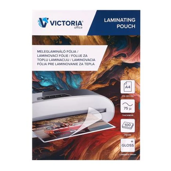 Meleglamináló fólia, 75 mikron, A4, fényes, VICTORIA OFFICE