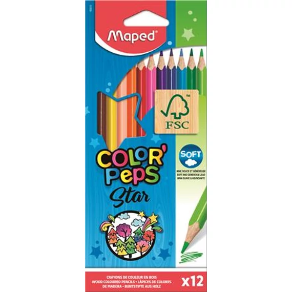 Színes ceruza készlet, háromszögletű, MAPED "Color`Peps Star", 12 különböző szín