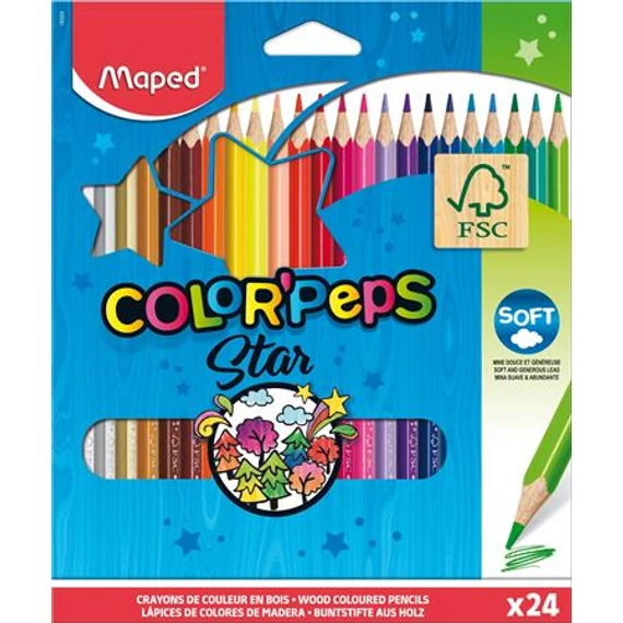 Színes ceruza készlet, háromszögletű, MAPED "Color`Peps Star", 24 különböző szín