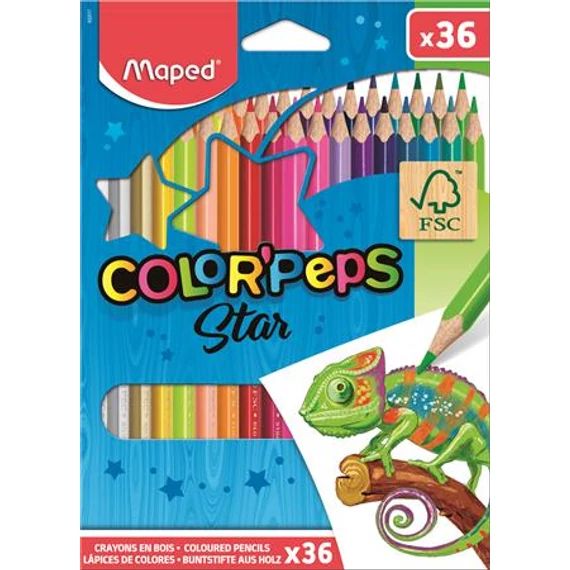Színes ceruza készlet, háromszögletű, MAPED "Color`Peps Star", 36 különböző szín