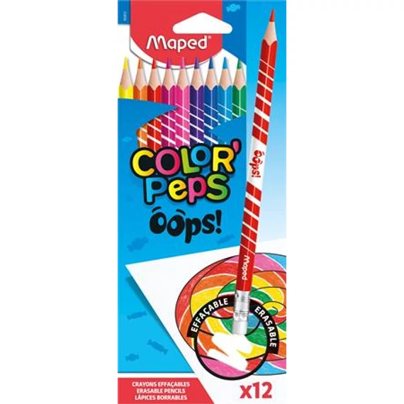 Színes ceruza készlet, háromszögletű, radírozható, MAPED "Color`Peps Oops", 12 különböző szín