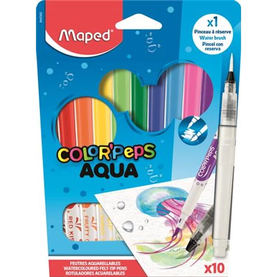 Akvarell filctoll készlet, 3,6 mm, ecsettel, MAPED "Color`Peps Aqua", 10 különböző szín