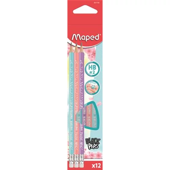 Grafitceruza radírral, HB, háromszögletű, MAPED "Black`Peps Pastel", vegyes pasztell színek
