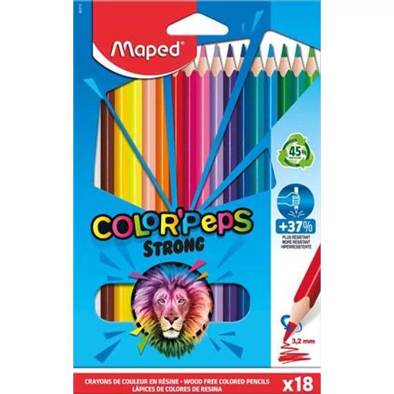 Színes ceruza készlet, háromszögletű, MAPED "Color`Peps Strong", 18 különböző szín