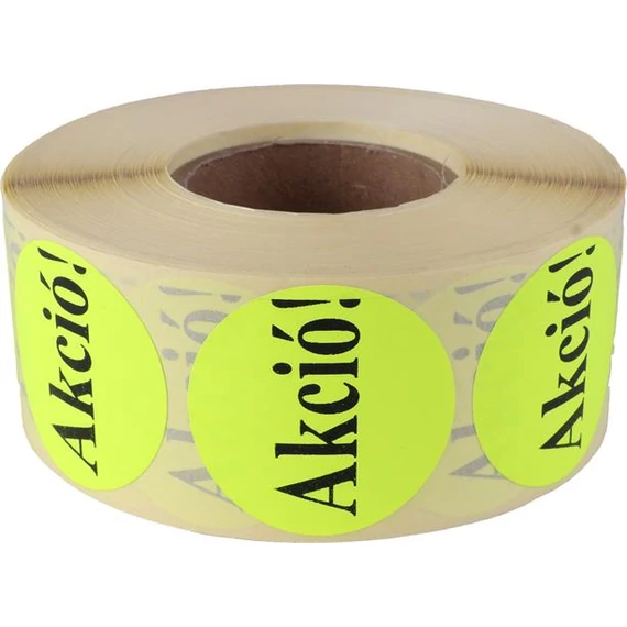 Etikett, 38 mm kör, "AKCIÓ" felirattal, 1000 etikett/tekercs, citromsárga