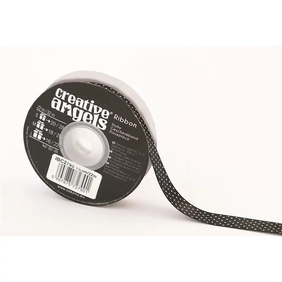 Szatén szalag, 15 mm x 22 m, fekete fehér pötyökkel Szatén szalag, 15 mm x 22 m, fekete fehér pötyökkel