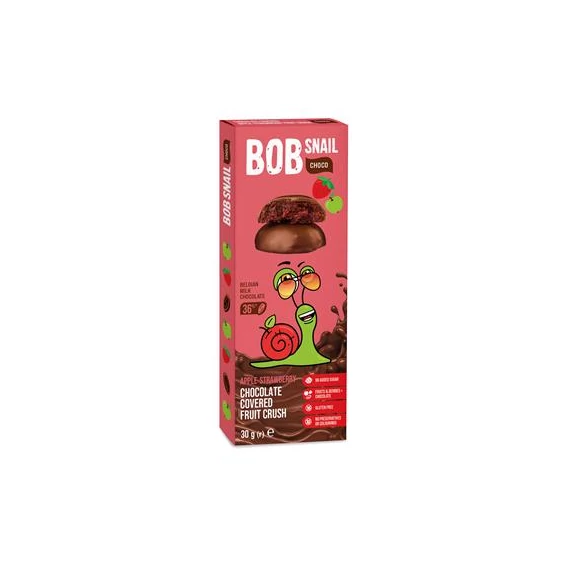 Gyümölcs snack, 30 g, BOB SNAIL, alma-eper tejcsokoládéban