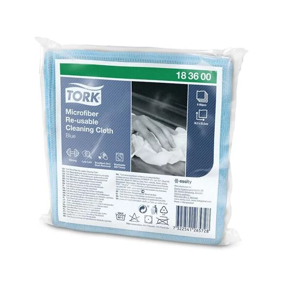 Tisztítókendő, mikroszálas, újra felhasználható, 1 rétegű, W8 rendszer, TORK, kék