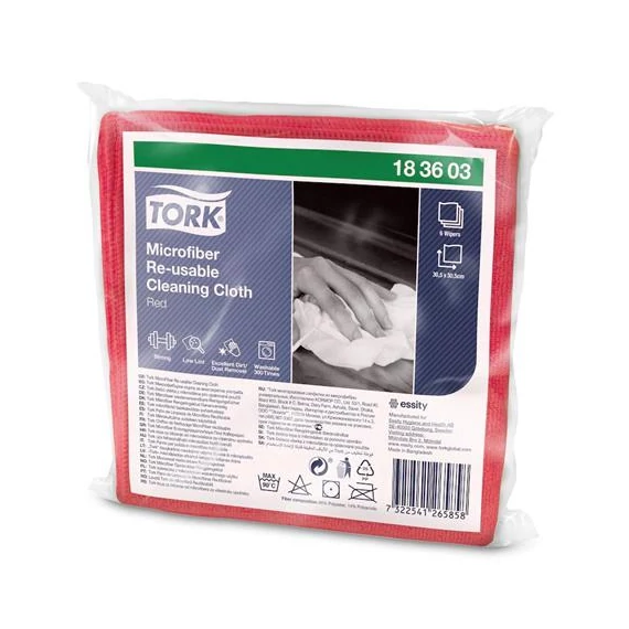 Tisztítókendő, mikroszálas, újra felhasználható, 1 rétegű, W8 rendszer, TORK, piros