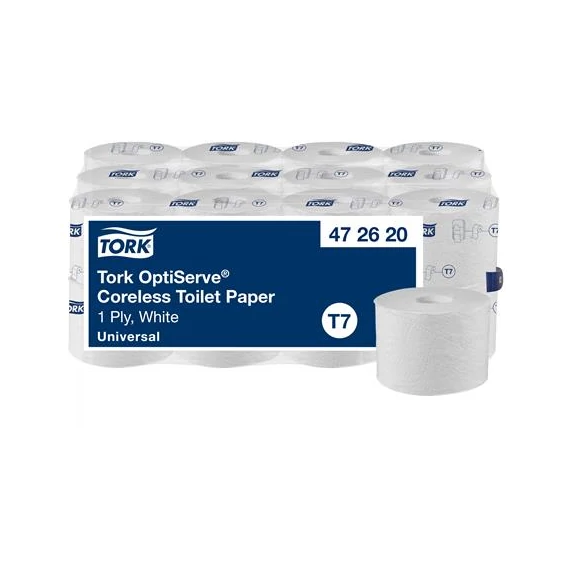 Toalettpapír, belsőmag nélküli, T7 rendszer, 1 rétegű, 13,1 cm átmérő, Universal, TORK "OptiServe", fehér
