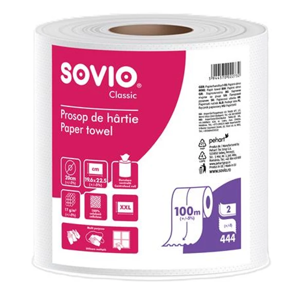 Törlőpapír, 100% cellulóz, tekercses, 100 m, 20 cm átmérő, 2 rétegű, SOVIO