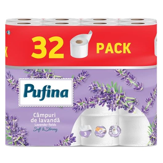 Toalettpapír, 3 rétegű, kistekercses, 32 tekercs, PUFINA "Lavender Fields", levendula illattal