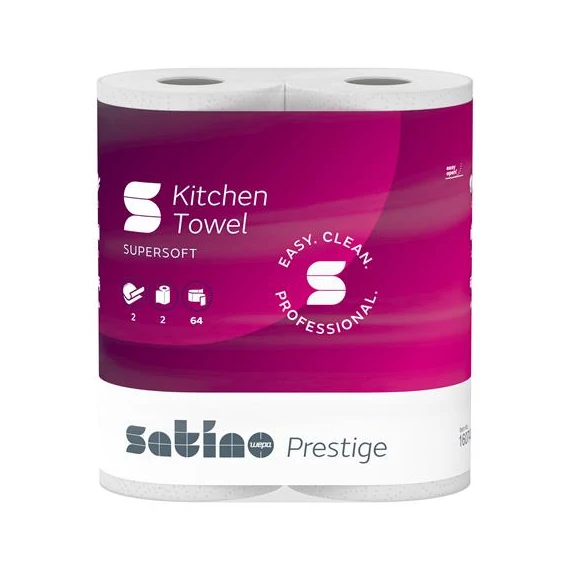 Kéztörlő, 2 rétegű, 2 tekercses, 64 lapos, "Satino Prestige", fehér
