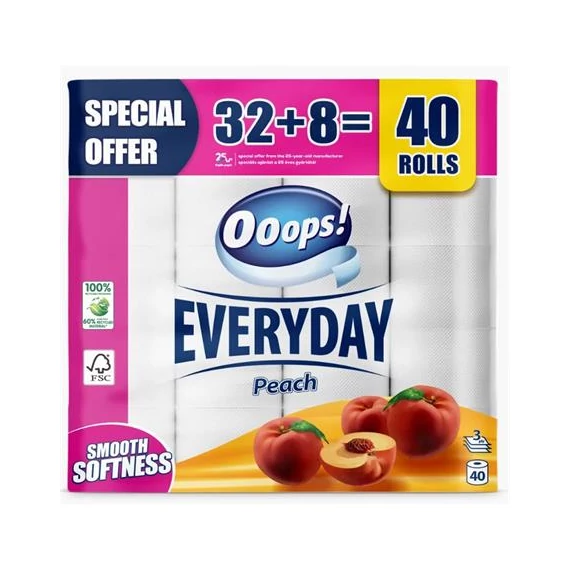 Toalettpapír, 3 rétegű, kistekercses, 32+8 tekercs, OOOPS "Everyday", barack Toalettpapír, 3 rétegű, kistekercses, 32+8 tekercs, OOOPS "Everyday", barack