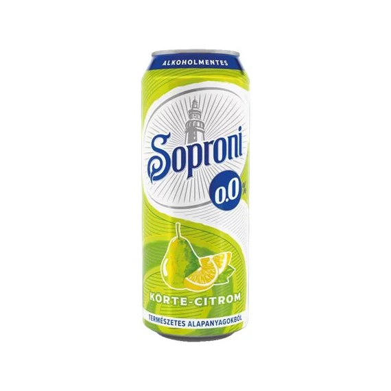 Alkoholmentes sör, 0,5 l, dobozos, SOPRONI "0.0%", körte-citrom