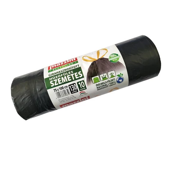 Szemeteszsák, újrahasznosított húzófüles, 130 l, 10 db, 75x100 cm, 32 µ, MAZZINI, fekete