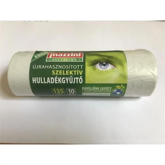 Szemeteszsák, szelektív hulladékhoz, újrahasznosított, erős, 135 l, 10 db, 70x110 cm, 25 µ, MAZZINI, átlátszó