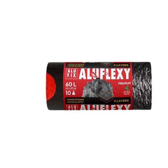 Szemeteszsák, zárószalagos, 60 l, 10 db, 64x69 cm, 33 µ, ALUFIX "Aluflexy", fekete