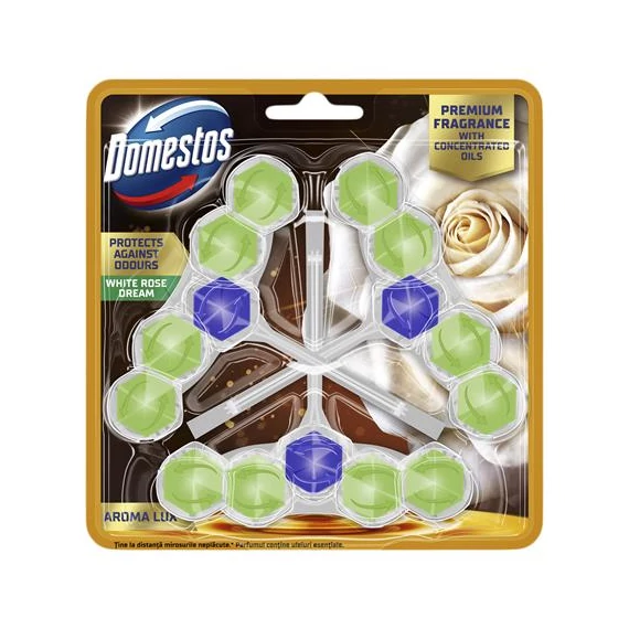 WC frissítő blokk, 3 db-os, DOMESTOS "Aroma Lux", fehér rózsabimbó és teafa olaj