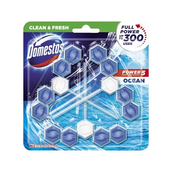 WC frissítő blokk, 3 db-os, DOMESTOS "Power 5", óceán WC frissítő blokk, 3 db-os, DOMESTOS "Power 5", óceán