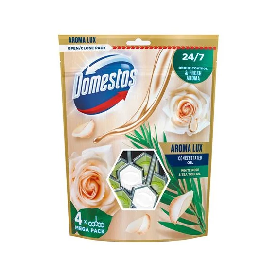 WC frissítő blokk, 4 db-os, DOMESTOS "Aroma Lux", fehér rózsabimbó és teafa olaj