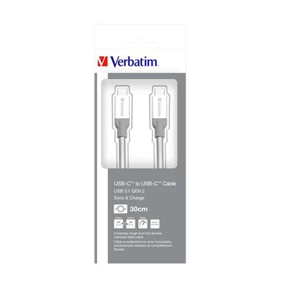 USB kábel, USB-C 3.1 - USB-C, 30 cm, VERBATIM, ezüst