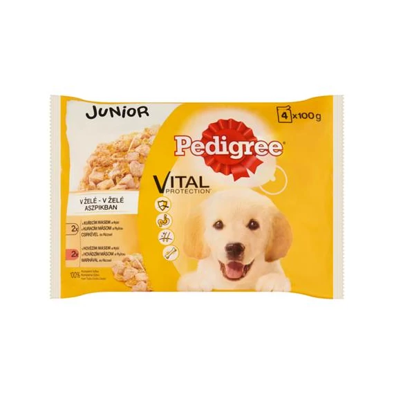 Kutyaeledel, alutasakos, 4x100 g, PEDIGREE "Junior", csirke és rizs, marha és rizs