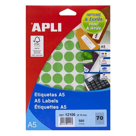 Etikett, 19 mm kör, színes, A5 hordozón, APLI, zöld, 560 etikett/csomag Etikett, 19 mm kör, színes, A5 hordozón, APLI, zöld, 560 etikett/csomag