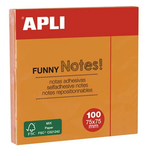 Öntapadó jegyzettömb, 75x75 mm, 100 lap, APLI "Funny", neon narancs Öntapadó jegyzettömb, 75x75 mm, 100 lap, APLI "Funny", neon narancs