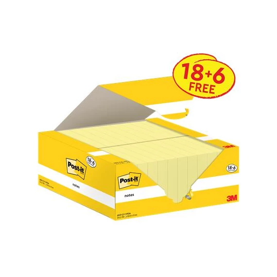 Öntapadó jegyzettömb, 38x51 mm, 18+6x100 lap, 3M POSTIT, kanári sárga