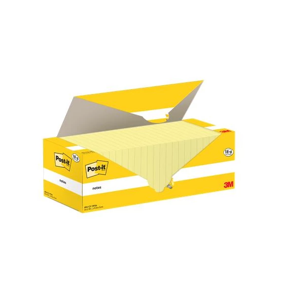 Öntapadó jegyzettömb, 76x76 mm, 18+6x100 lap, 3M POSTIT, kanári sárga