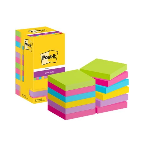Öntapadó jegyzettömb, 76x76 mm, 12x90 lap, 3M POSTIT "Super Sticky", vegyes