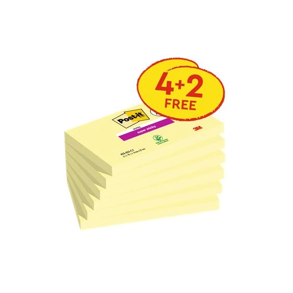 Öntapadó jegyzettömb, 76x127 mm, 4+2x90 lap, 3M POSTIT "Super Sticky", kanári sárga