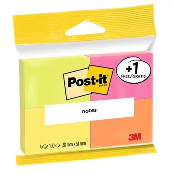 Öntapadó jegyzettömb, 38x51 mm, 4x100 lap, 3M POSTIT, "Neon" Öntapadó jegyzettömb, 38x51 mm, 4x100 lap, 3M POSTIT, "Neon"