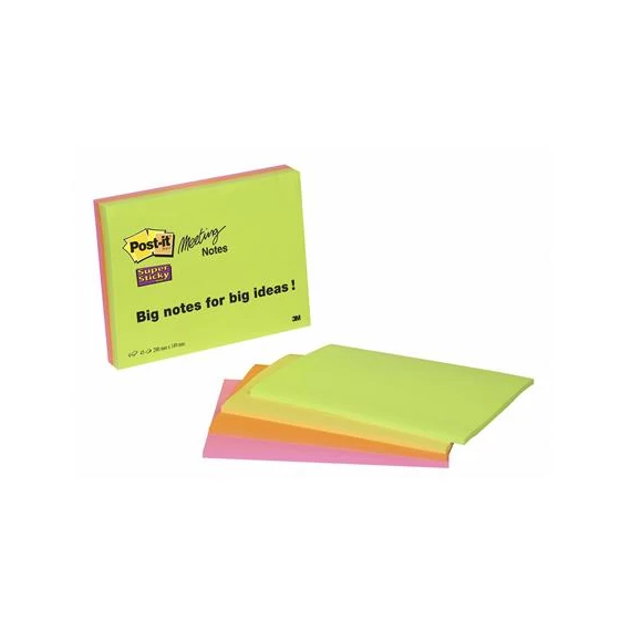 Öntapadó jegyzettömb, 203x152 mm, 4x45 lap, 3M POSTIT "Super Sticky", vegyes színek