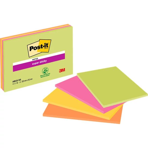 Öntapadó jegyzettömb, 203x152 mm, 4x45 lap, 3M POSTIT "Super Sticky", vegyes színek
