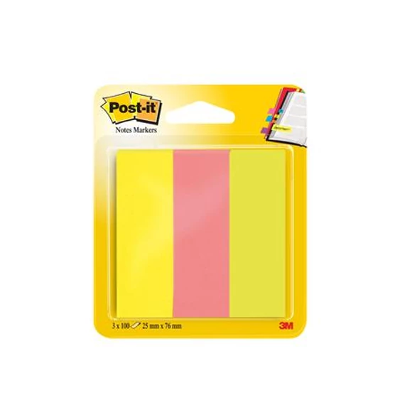 Jelölőcímke, papír, 3x100 lap, 25x76 mm, 3M POSTIT, vegyes neon színek