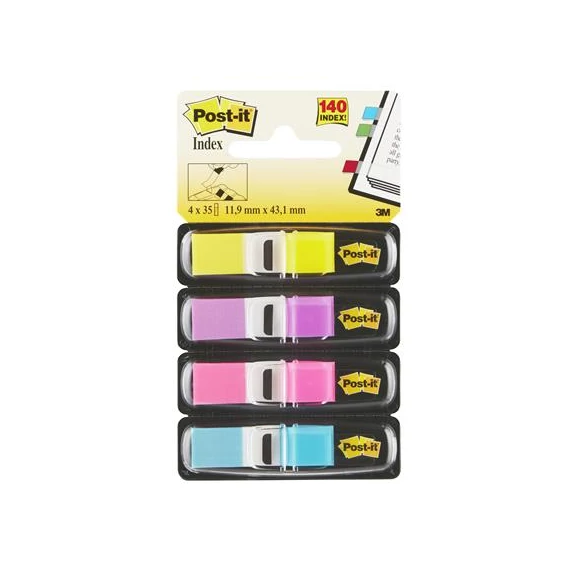 Jelölőcímke, műanyag, 4x35 lap, 12x43 mm, 3M POSTIT, élénk vegyes