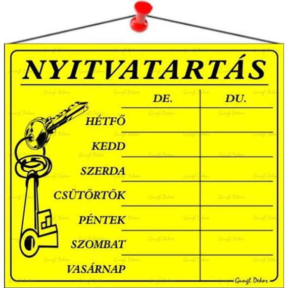 Információs tábla, 20x17,5 cm, "Nyitvatartás", sárga