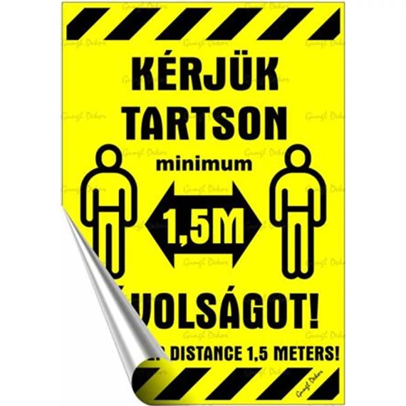 Információs matrica, 11,6x16,6 cm, kétnyelvű, "Kérjük tartson mininum 1,5 m távolságot!"