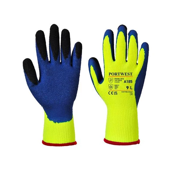 Védőkesztyű, latex, M méret "Duo-Therm", sárga-kék