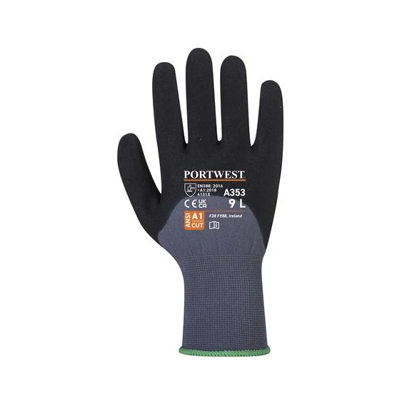 Védőkesztyű, nylon, nitrilhab, M méret "DermiFlex Ultra Plus", szürke-fekete