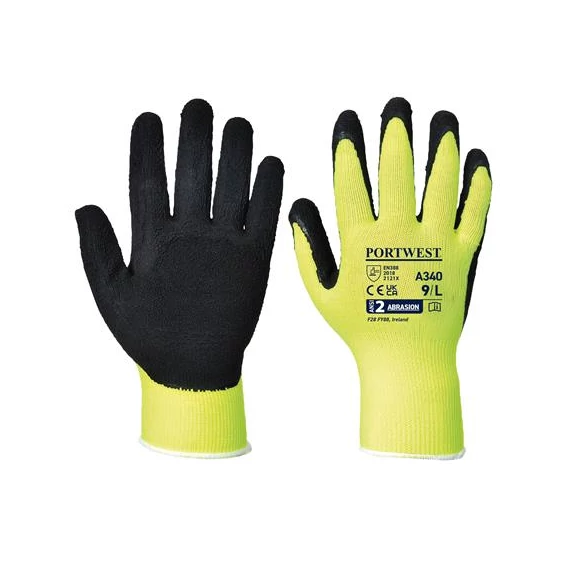 Védőkesztyű, nylon, latexhab, tenyerén mártott, L méret "Hi-Vis Grip", sárga