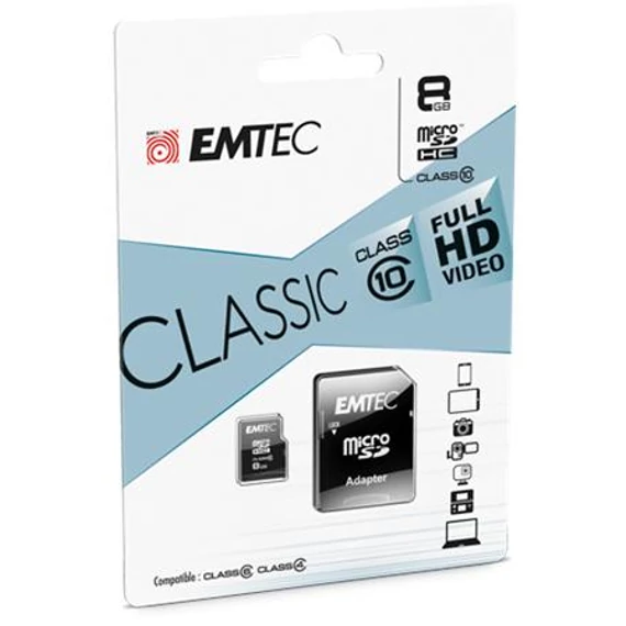 Memóriakártya, microSD, 8GB, 20/12 MB/s, EMTEC "Classic"