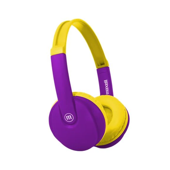 Fejhallgató, gyerek méret, vezeték nélküli, Bluetooth, mikrofonnal, MAXELL "HP-BT350", lila-sárga
