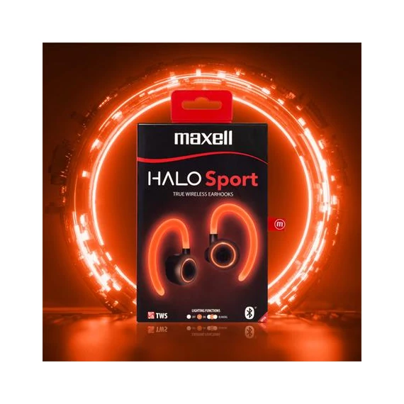 Fülhallgató, vezeték nélküli, Bluetooth, mikrofonnal, LED-es fülhallgató, MAXELL "Halo Sport", fekete