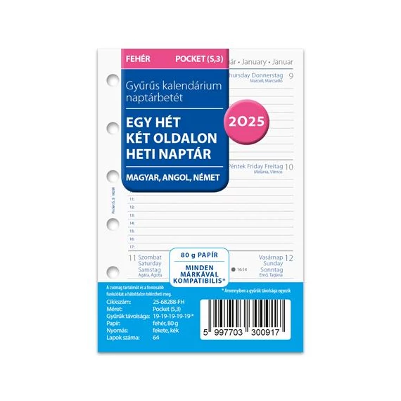 Kalendárium betét, tervező Filofaxhoz, A5, heti, 1 hét/2 oldal, 2025