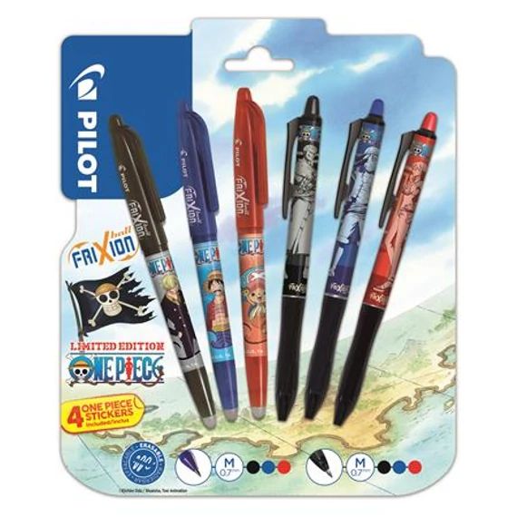 Rollertoll készlet, 0,35 mm, nyomógombos, PILOT "Frixion Ball"/"Frixion Ball Plus", 3különböző szín+One Piece matrica