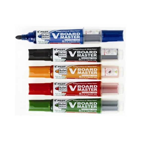 Táblamarker készlet, 2,3 mm, kúpos, tartóval és szivaccsal, PILOT "V-Board Master", 5 különböző szín